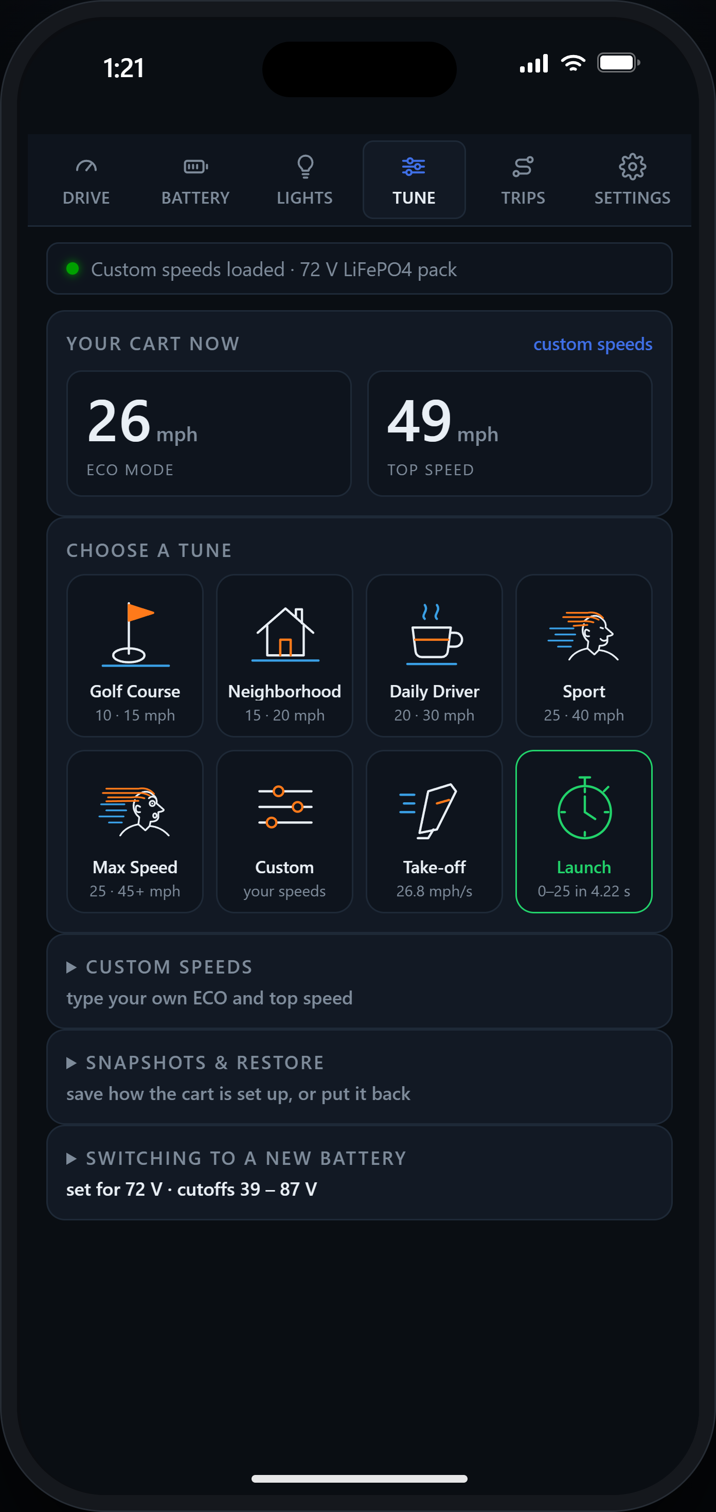 The Tune tab: your cart's current ECO and top speed, eight tune tiles, and fold-downs for custom speeds, snapshots and the speedometer